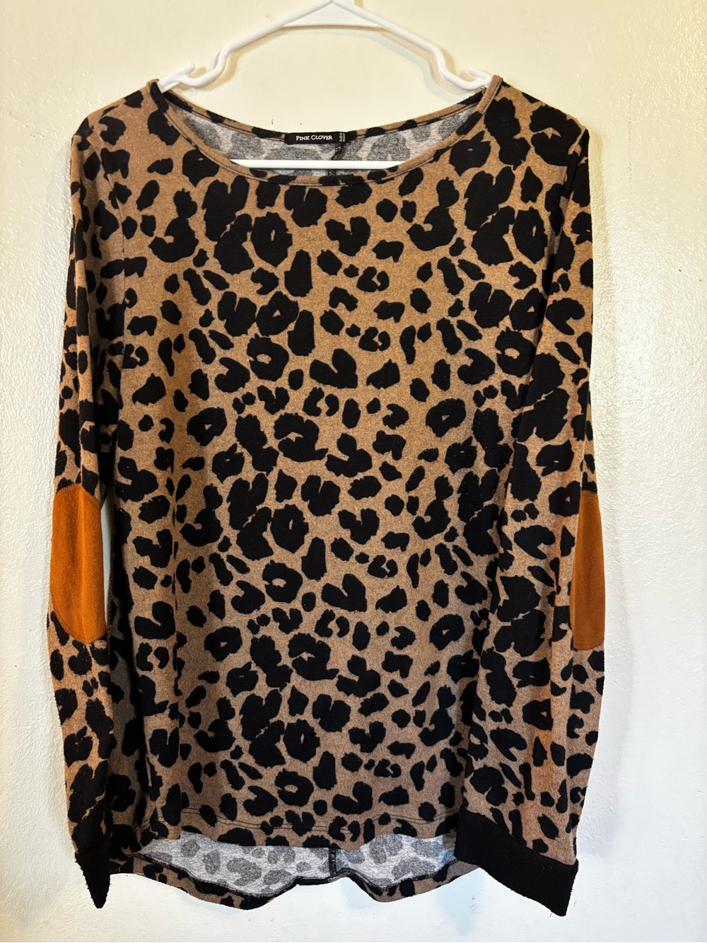 Pink Clover Brown and Black Leopard Print Sweatshirt with Tan Elbow Patches